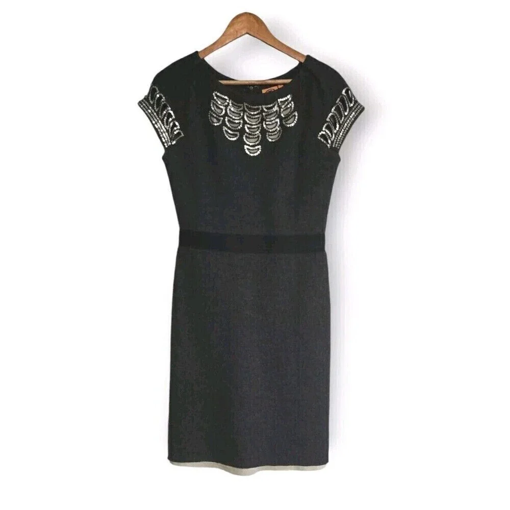 Tory Burch Minnie Sheath Wool Dress Womens Small Black Embellished Lined